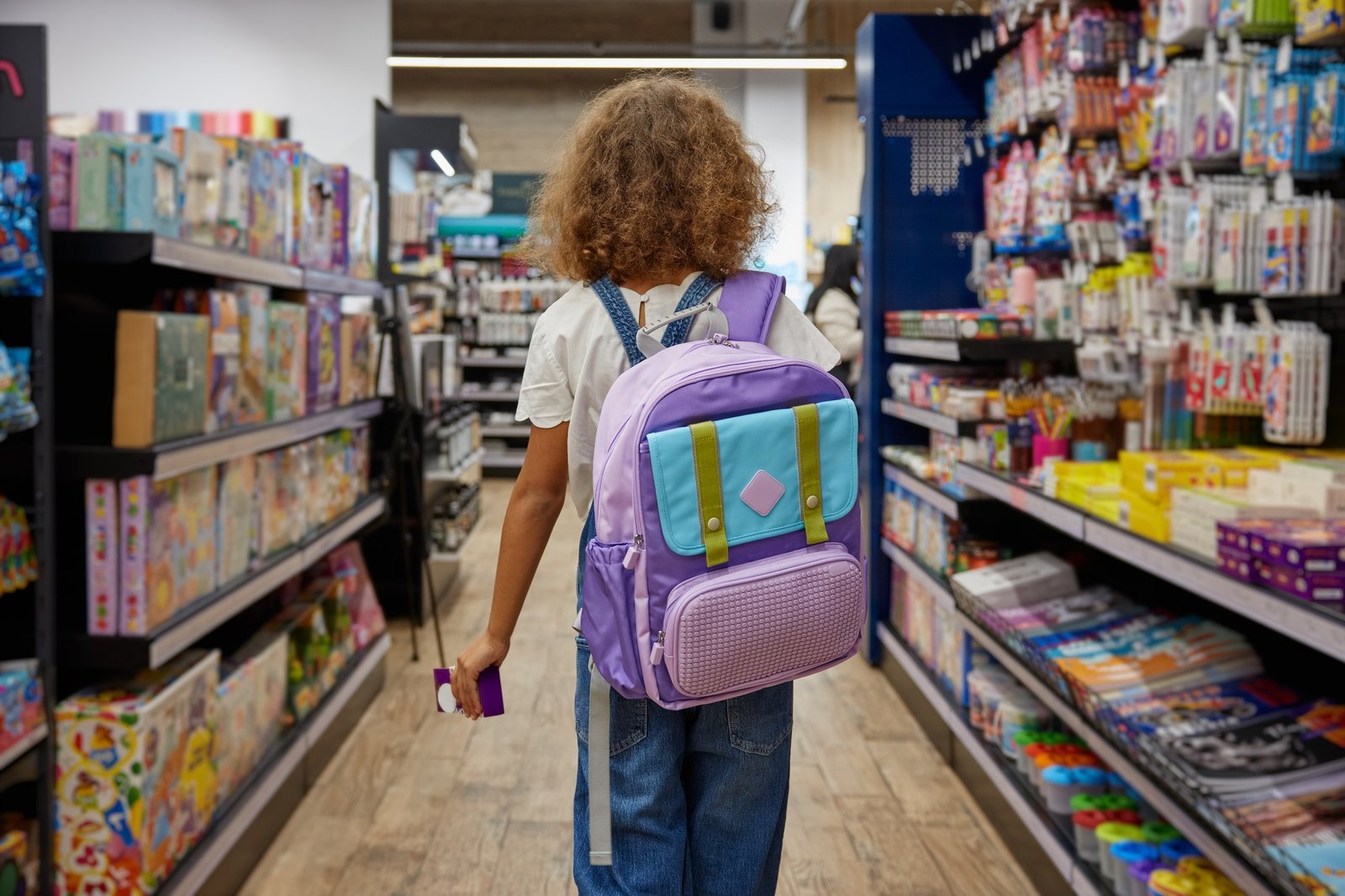 Female student with new school bag at stationery store